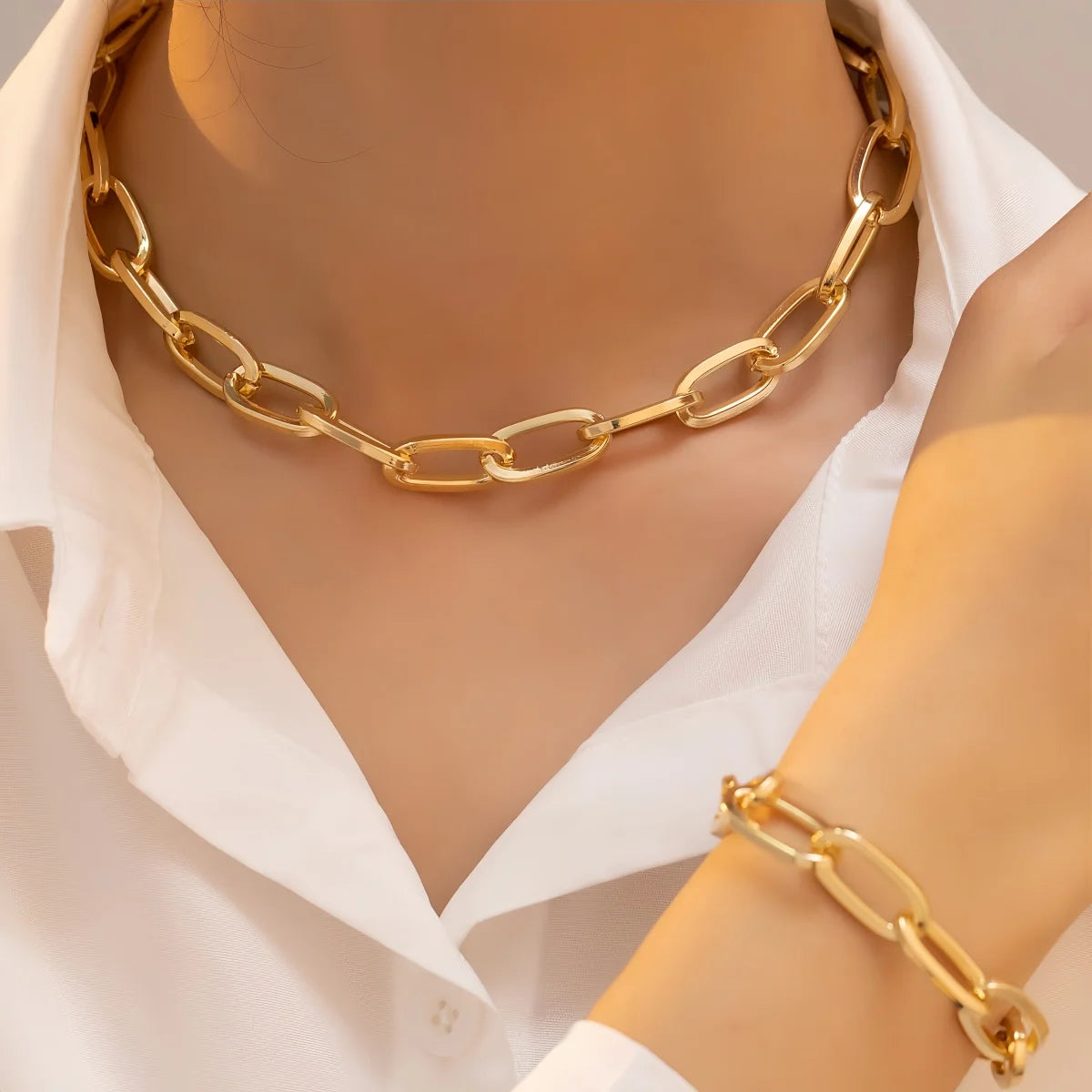 2 PCS Set Gold Color Link Chain Necklace Bracelet