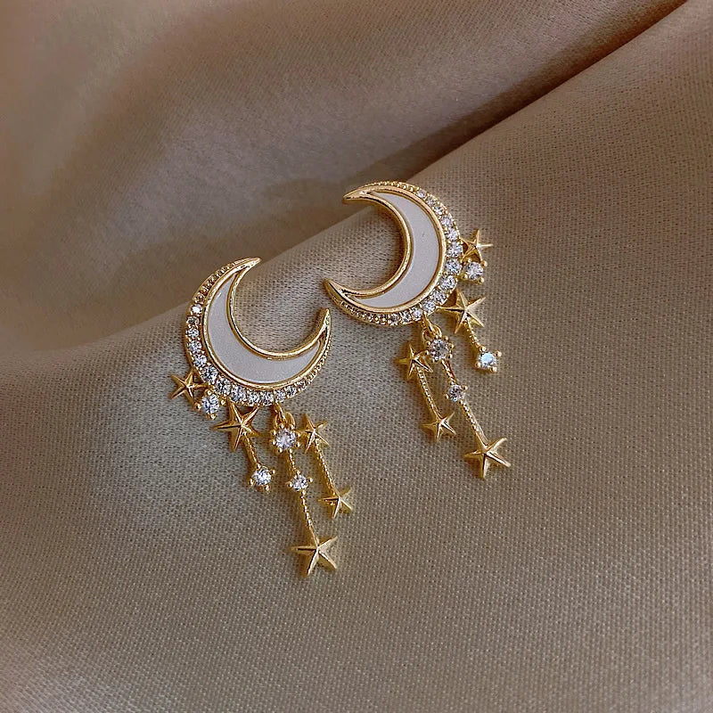 Cute Moon Star Drop Earrings Exquisite Rhinestone Earrings Gold Color