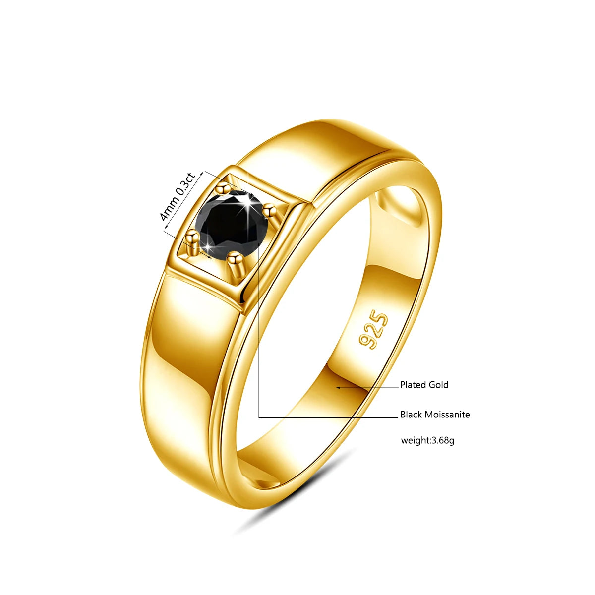 Yellow Gold Mens 0.3ct 4mm Natural Black Moissanite Ring With Certificate.
