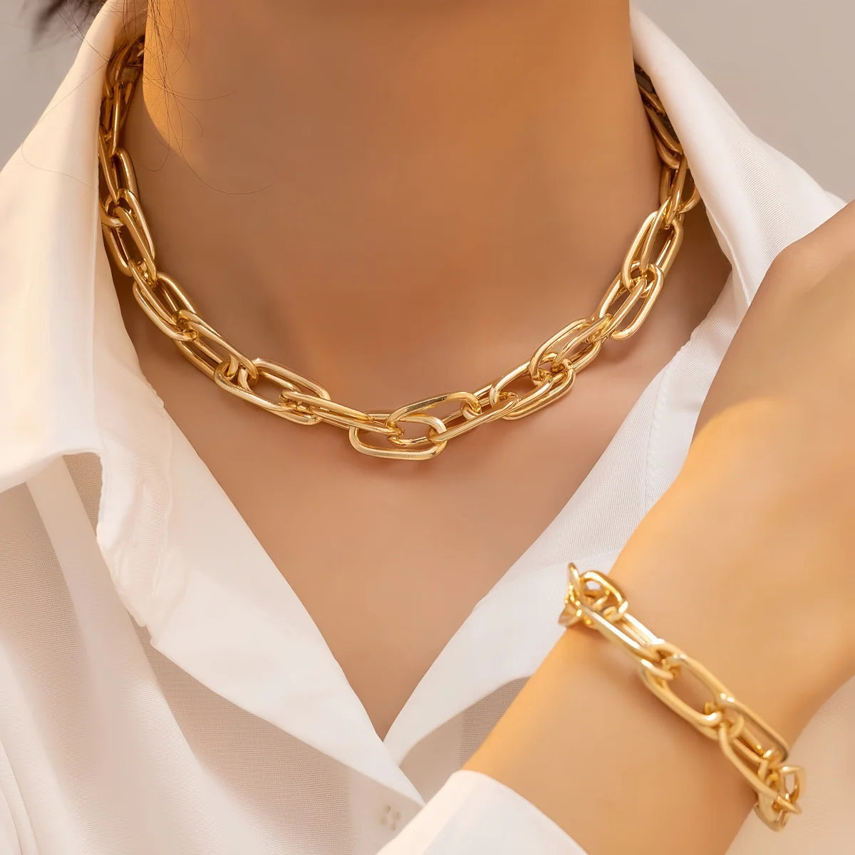 2 PCS Set Gold Color Link Chain Necklace Bracelet