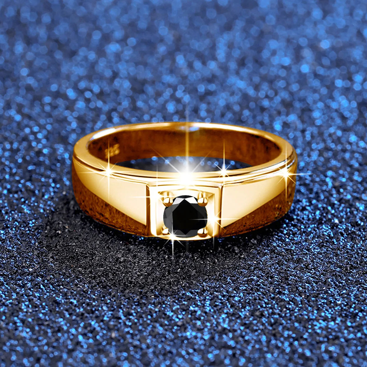 Yellow Gold Mens 0.3ct 4mm Natural Black Moissanite Ring With Certificate.