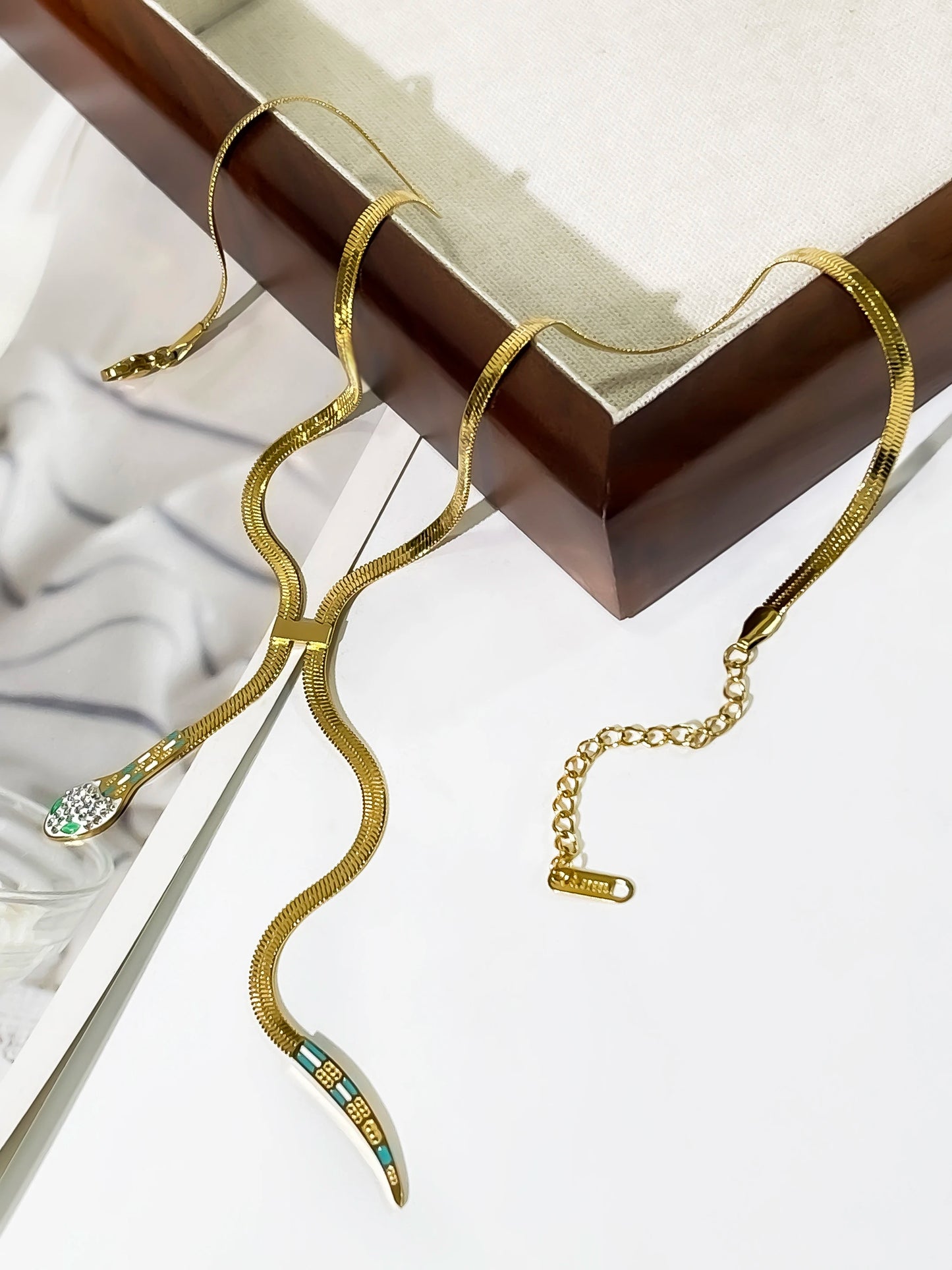 Peri'sbox Dainty Clear Rhinestone Solid Gold Plated Flat Snake Chain Tassel Necklace Stainless Steel