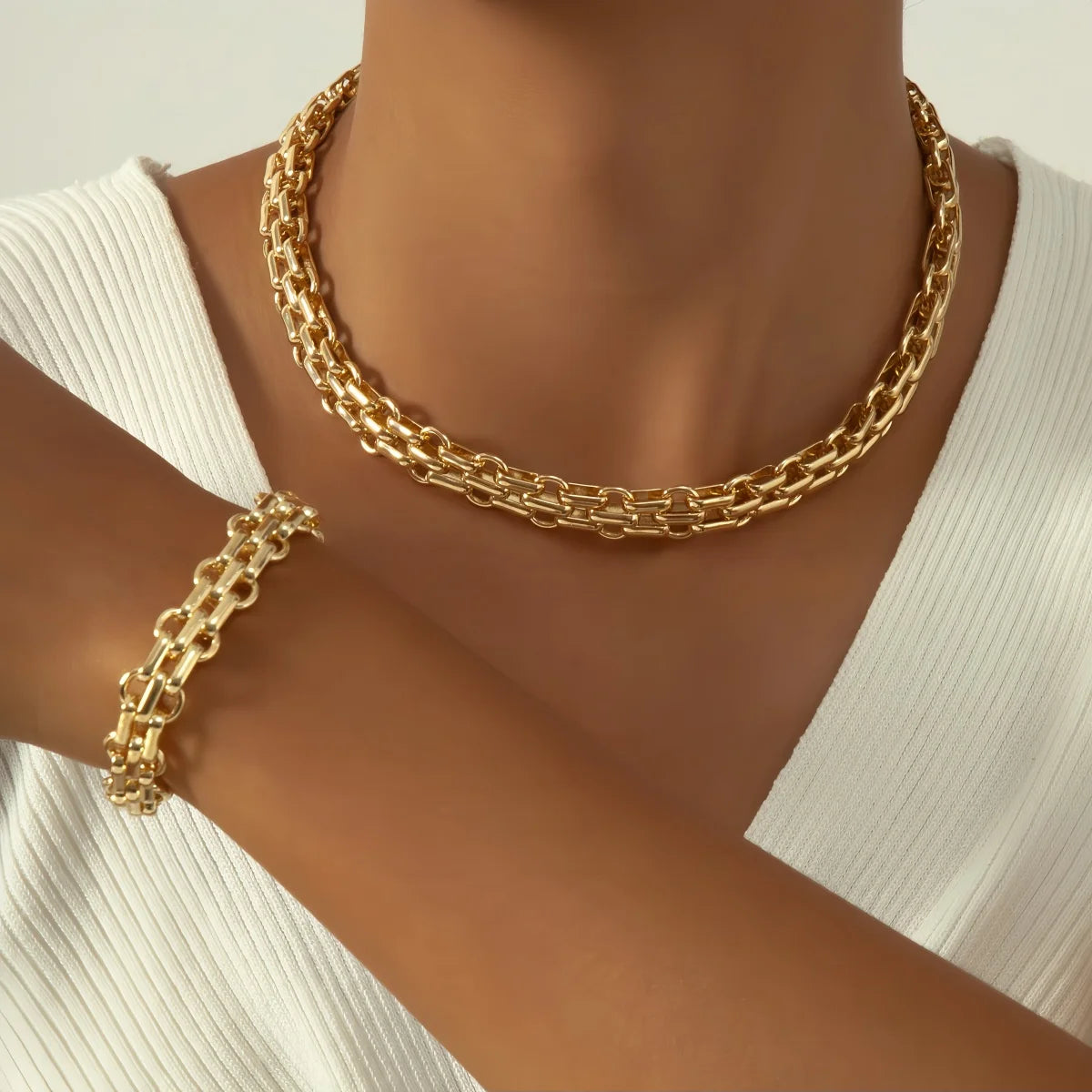 2 PCS Set Gold Color Link Chain Necklace Bracelet