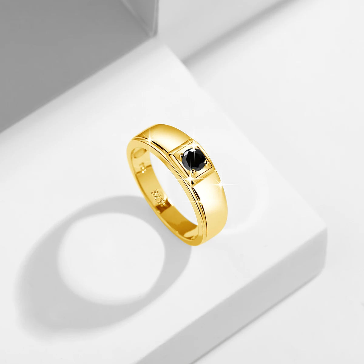 Yellow Gold Mens 0.3ct 4mm Natural Black Moissanite Ring With Certificate.