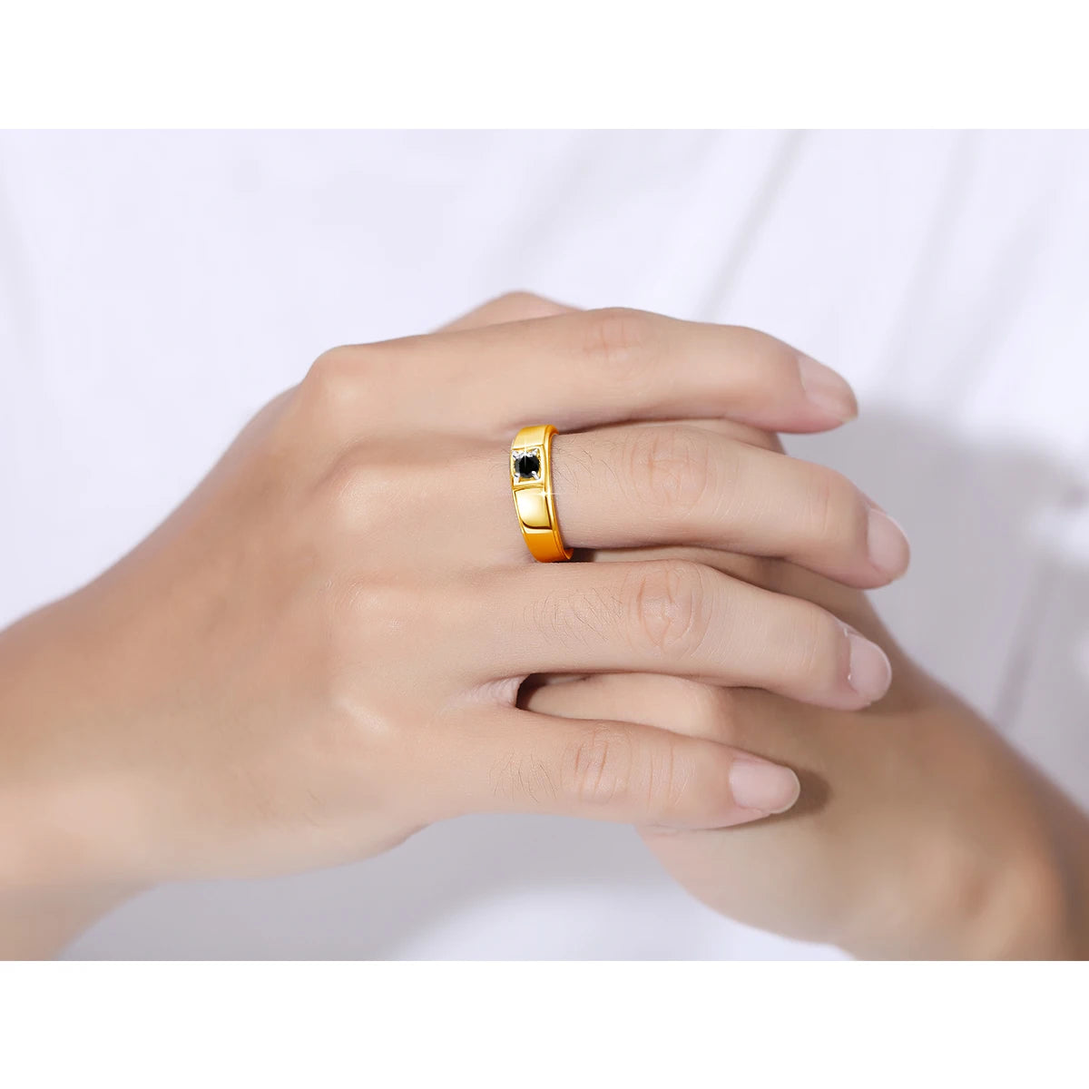 Yellow Gold Mens 0.3ct 4mm Natural Black Moissanite Ring With Certificate.