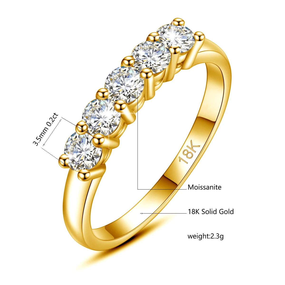 With Certficate Original Solid 18K Gold Moissanite Ring For Women 5 Stone AU 750