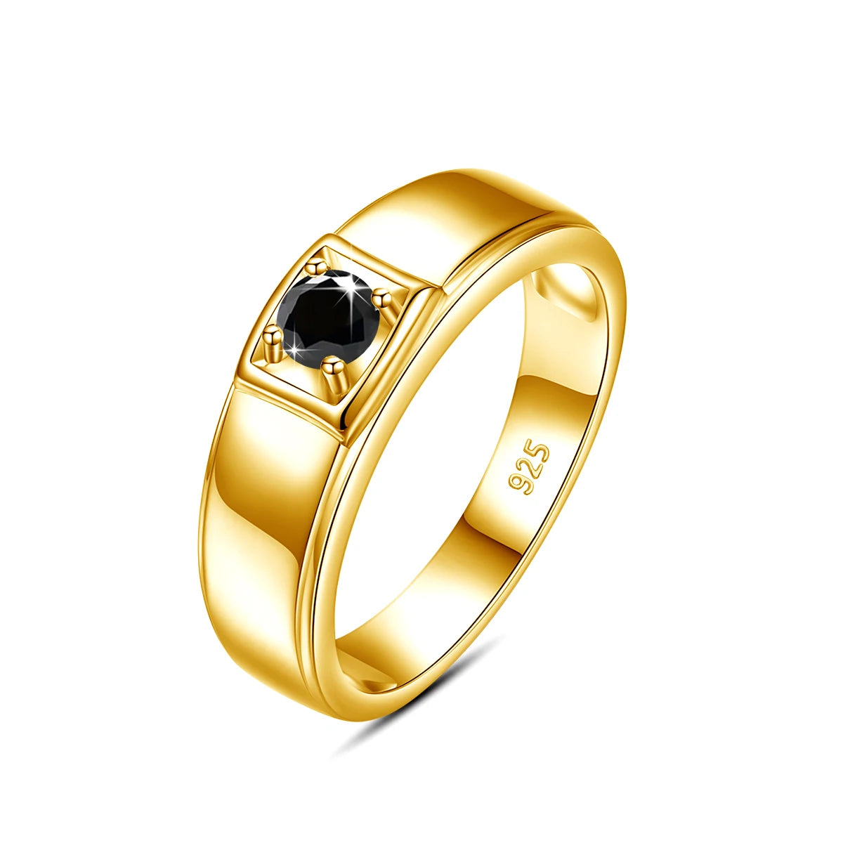 Yellow Gold Mens 0.3ct 4mm Natural Black Moissanite Ring With Certificate.