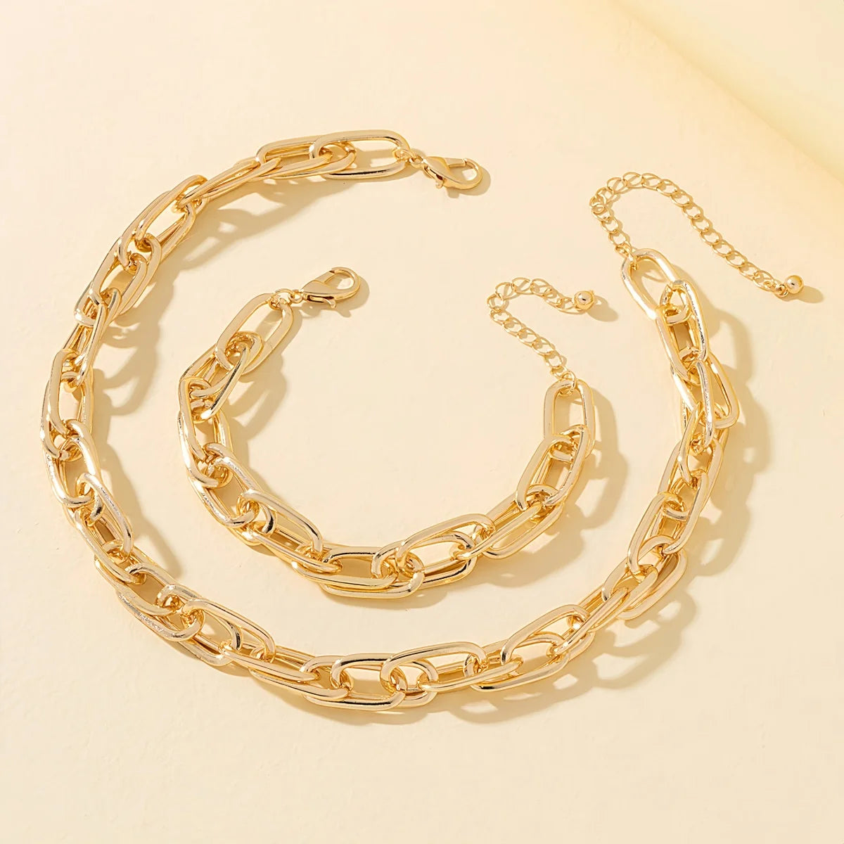 2 PCS Set Gold Color Link Chain Necklace Bracelet
