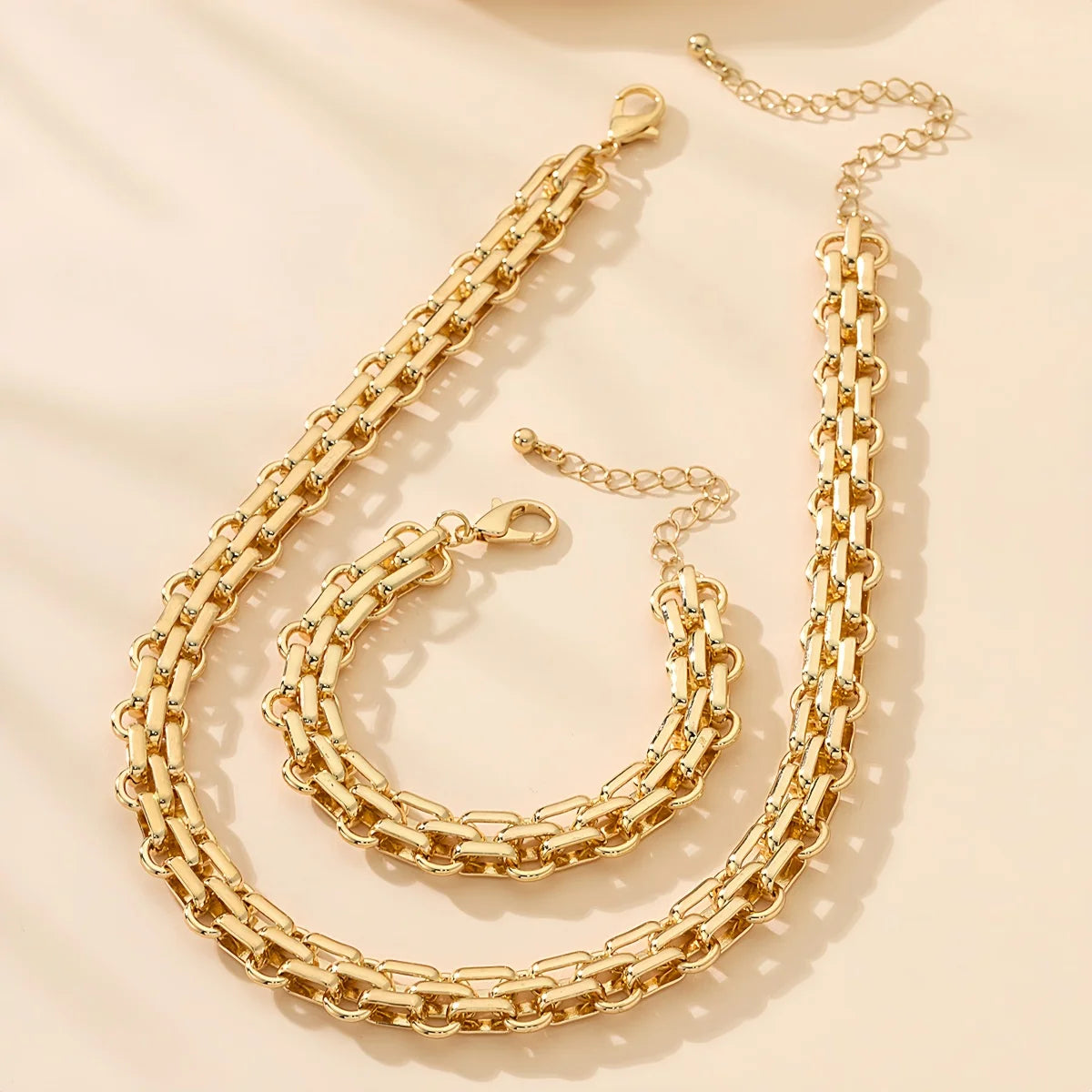 2 PCS Set Gold Color Link Chain Necklace Bracelet