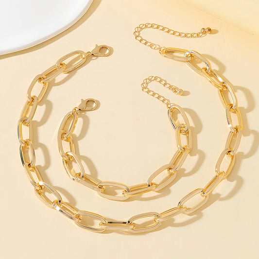 2 PCS Set Gold Color Link Chain Necklace Bracelet