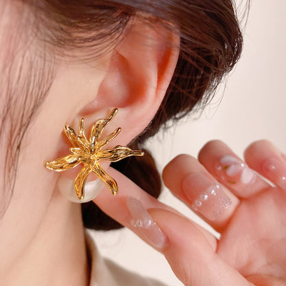 Personalized Cold Style Metal Flower Exaggerated Pearl Earrings Earrings
