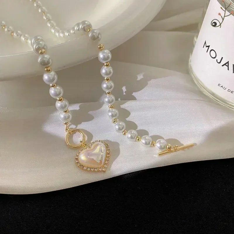 Pearl Gold Necklace Earrings Set Ladies