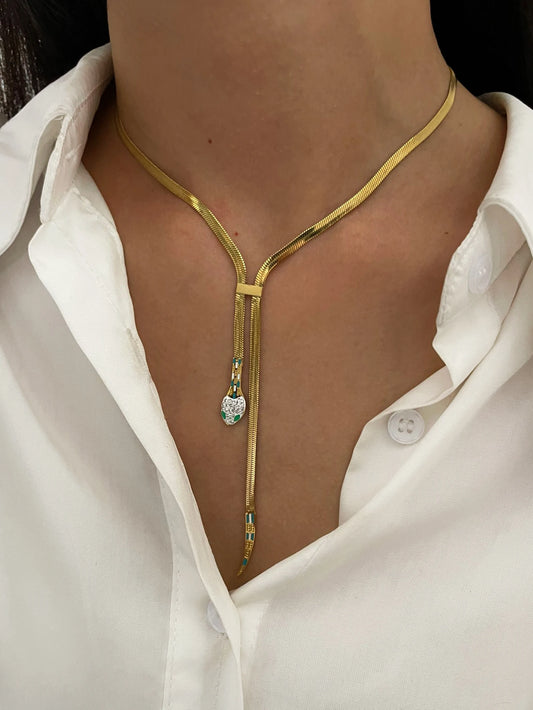 Peri'sbox Dainty Clear Rhinestone Solid Gold Plated Flat Snake Chain Tassel Necklace Stainless Steel