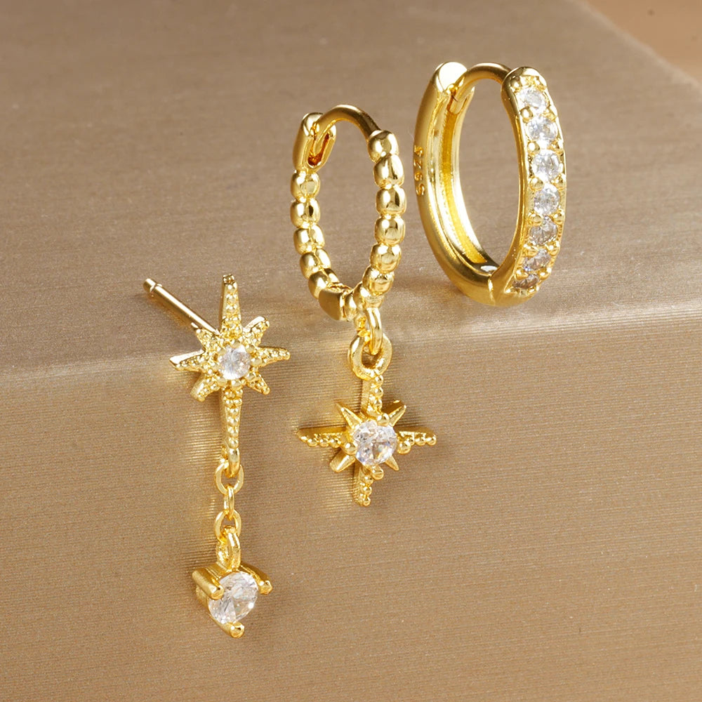3PCS Luxury Star Pendant Piercing Earrings Set For Women