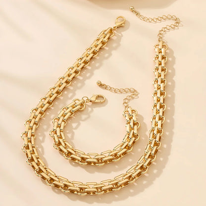 2 PCS Set Gold Color Link Chain Necklace Bracelet