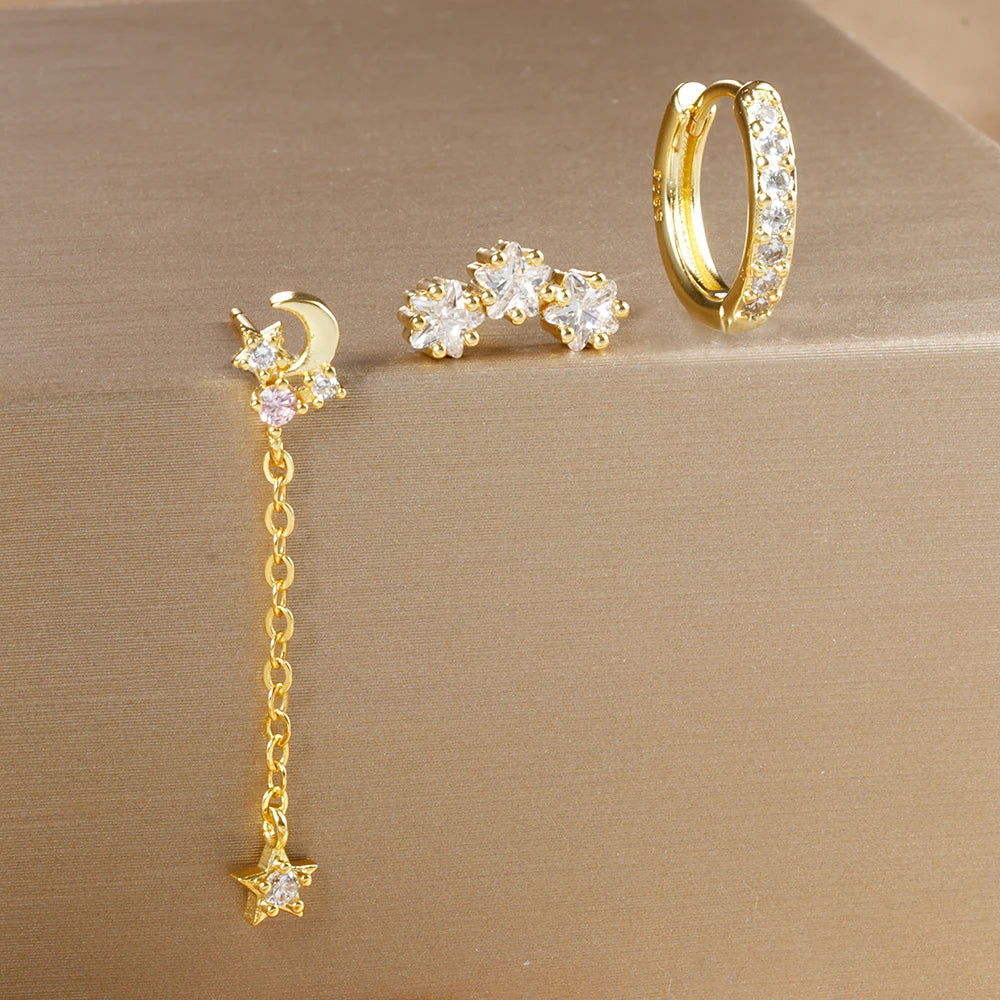 3PCS Luxury Star Pendant Piercing Earrings Set For Women