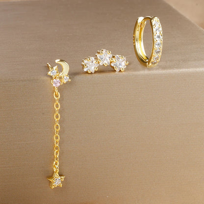 3PCS Luxury Star Pendant Piercing Earrings Set For Women